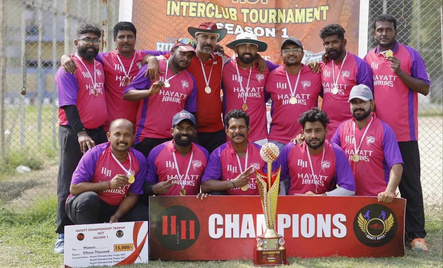 Hayatt Championship Trophy Season 1 champion team with their medals and trophy