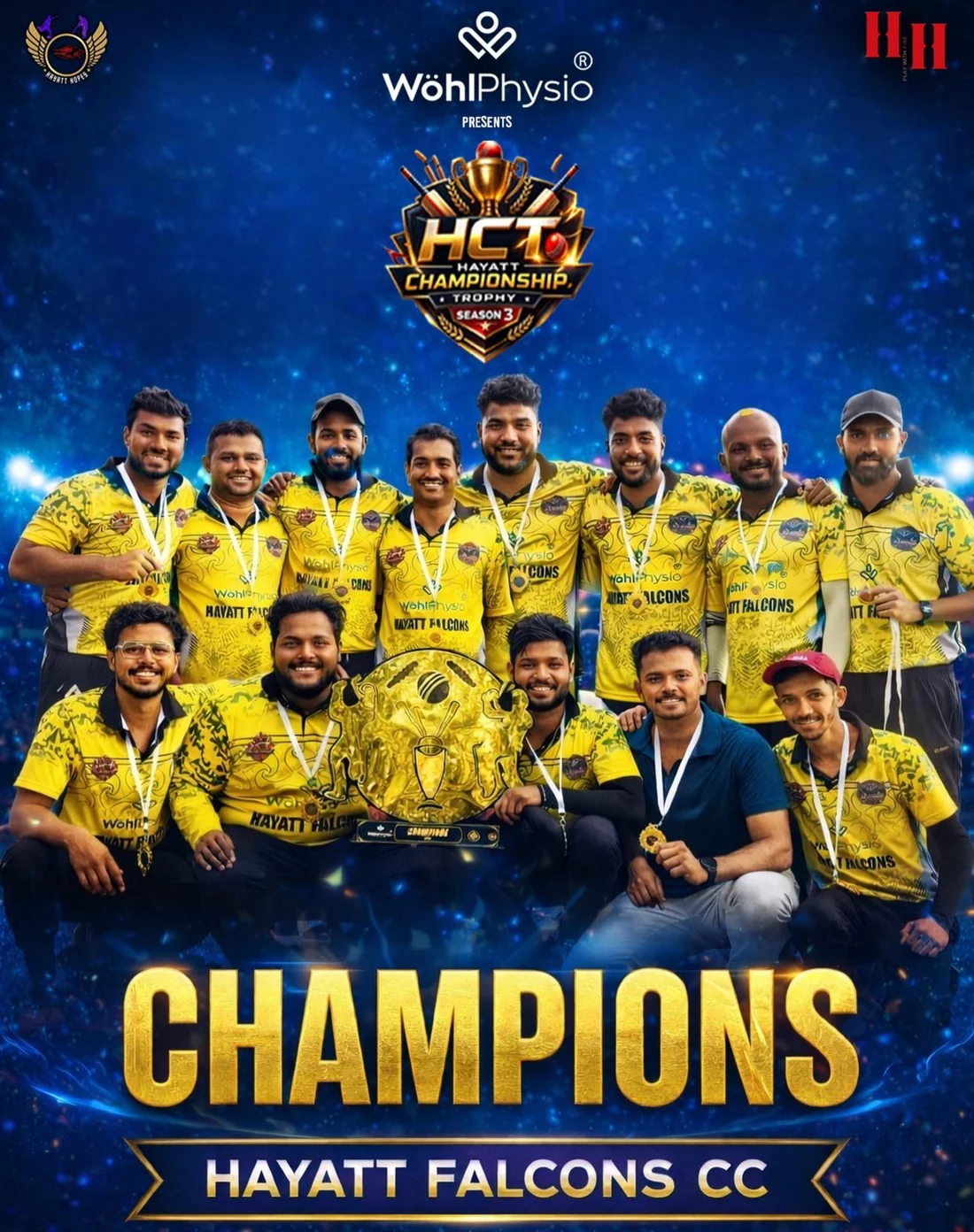 Hayatt Championship Trophy Season 3 champions, Hayatt Falcons CC, with their medals and trophy